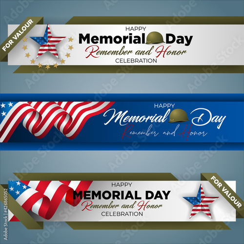 Set of web banners design, background with  handwriting texts, medal of honor, army helmet and national flag colors for U.S. Memorial day event, celebration; Vector illustration