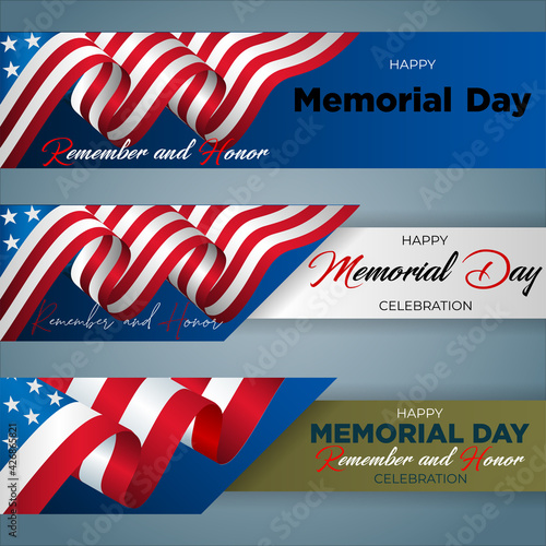 Set of web banners design, background with  handwriting texts, medal of honor, army helmet and national flag colors for U.S. Memorial day event, celebration; Vector illustration