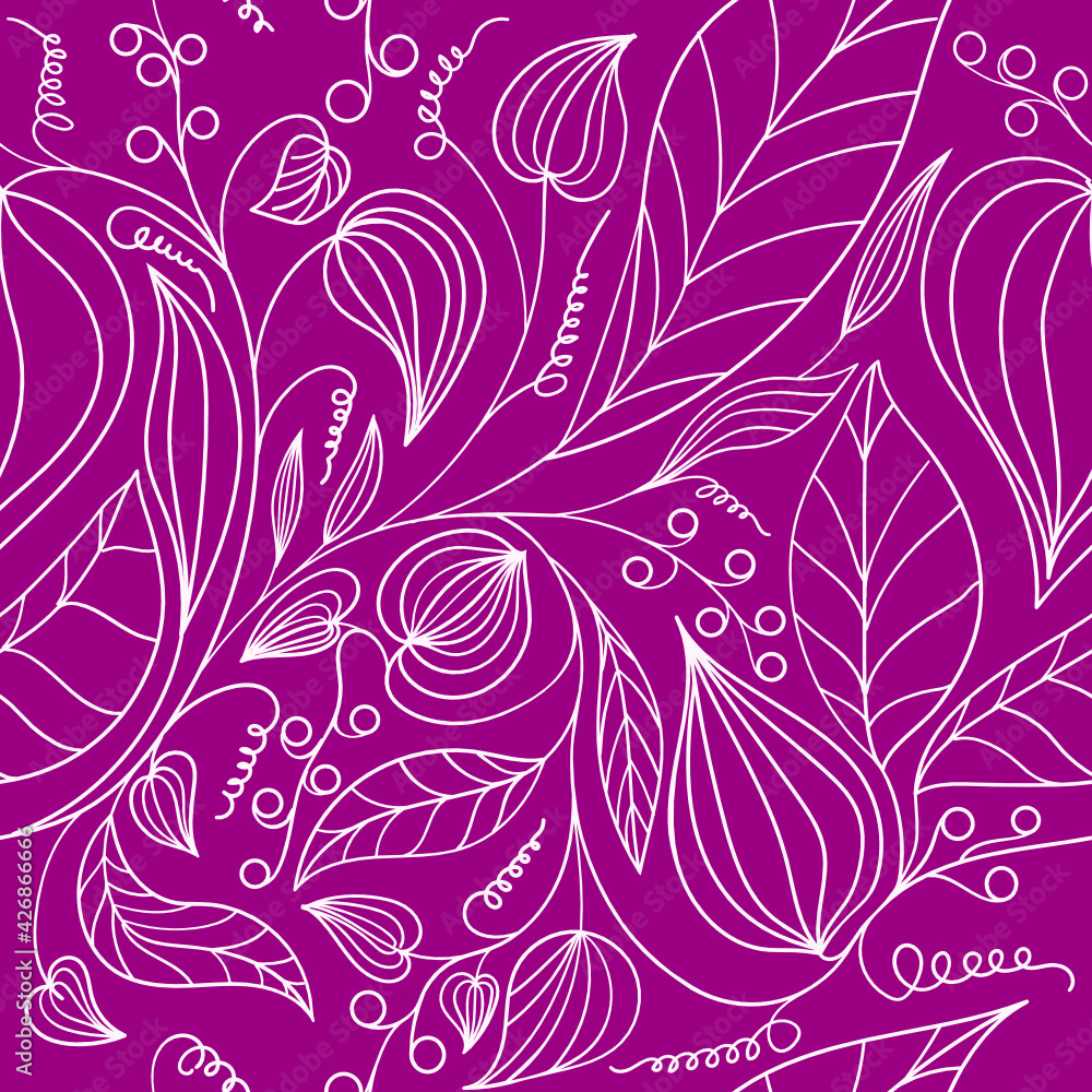 Seamless pattern of plants drawn by line on a lilac background.