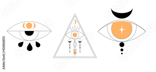 Boho mystery logo set. Alchemy magic eyes in hand drawn style. Printable illustration. Vector hand drawing outline symbol collection. Mystical esoteric elements (ID: 426866853)