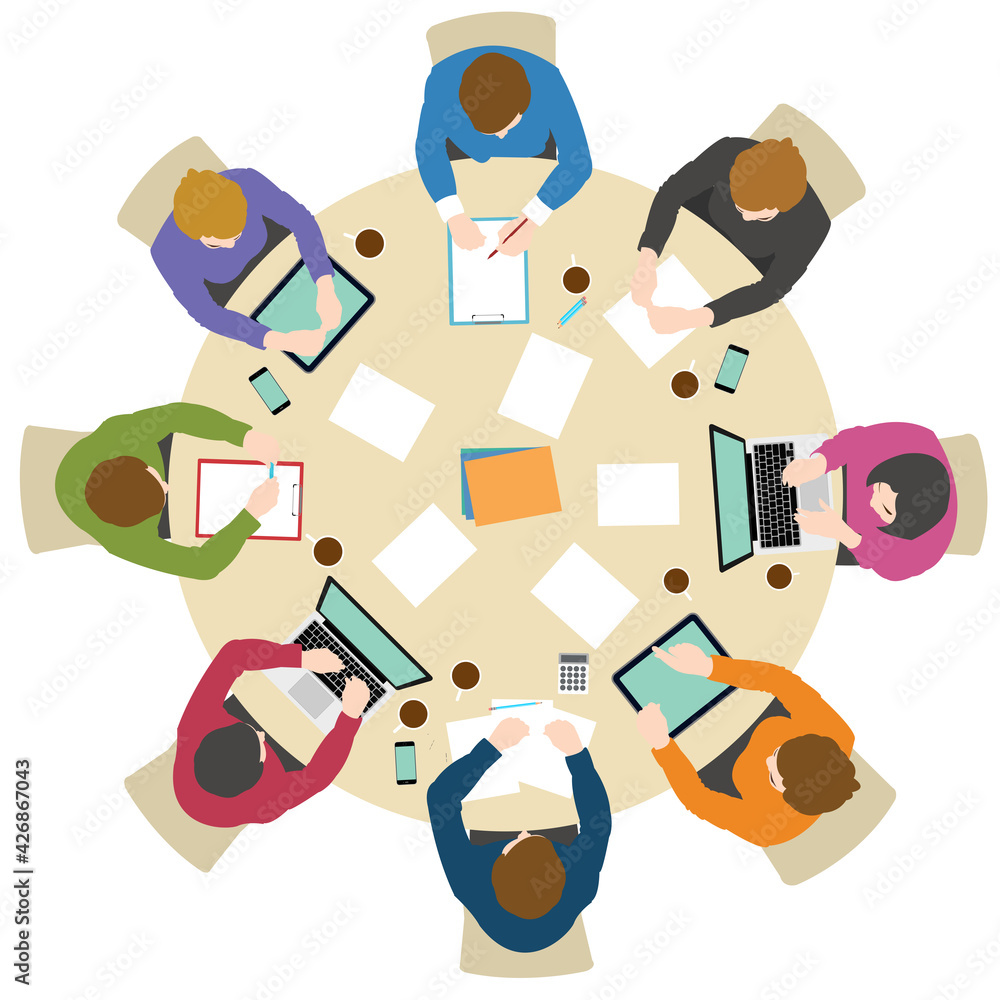Business meeting top view on circle table conference office team .vector illustration Business meeting top view on circle table conference office team .vector illustration