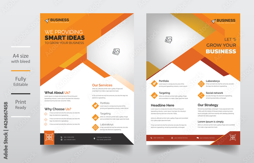 creative business flyer template design with yellow color, catalog, proposal, advertise, promotion, leaflet, paper, Flyer Template Geometric shape used for business poster layout.