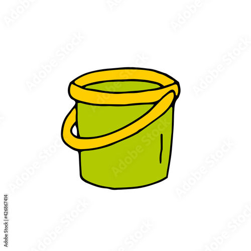 Bucket. Kids toys. Sandbox. Beach. Spatula. Vector. Doodle. Hand-drawn illustration.