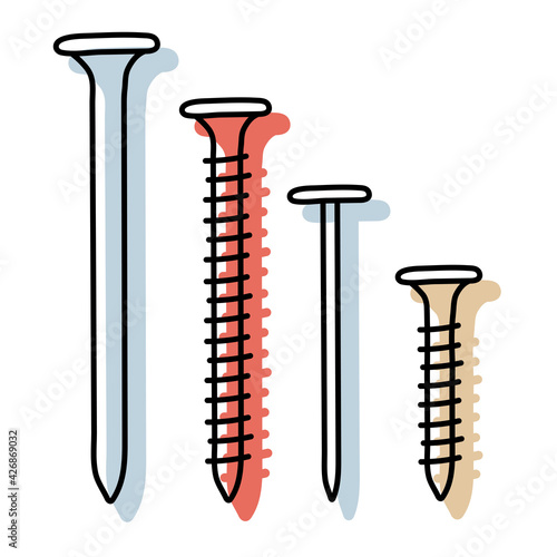 Nail, bolt and screw vector set. Color doodle sketch illustration