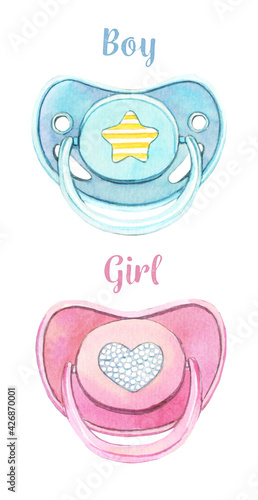Baby pacifiers blue and pink for a boy and a girl. Watercolor clipart isolated on white background for newborn and baby shower.