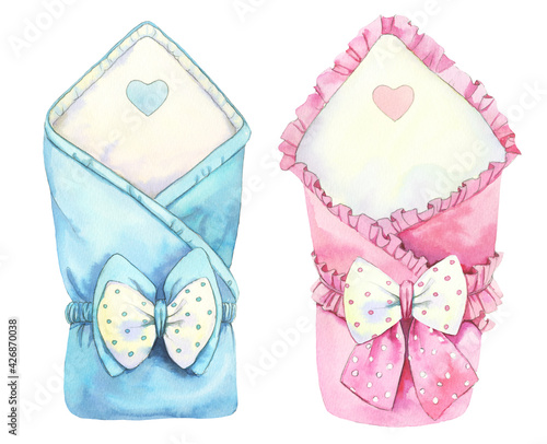 Baby swaddle blankets for boy and girl. Envelopes for a newborn blue and pink. Watercolor illustration on white background.