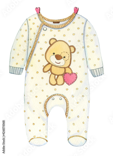 Baby white jumpsuit with a teddy bear for a girl and a boy. Watercolor illustration isolated on white background.