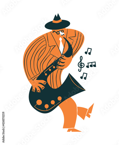 Funny jazz saxophone man player cartoon isolated