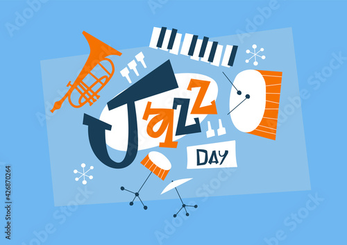 Photography Jazz Day retro music instrument cartoon band card
