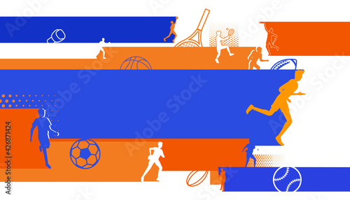 Vector illustration of sports background design with sport players in different activities. football, tennis, basketball, running, rugby