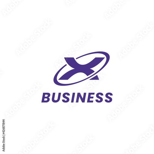 Simple and minimalis purple letter X monogram initial logo with orbit circle in white background