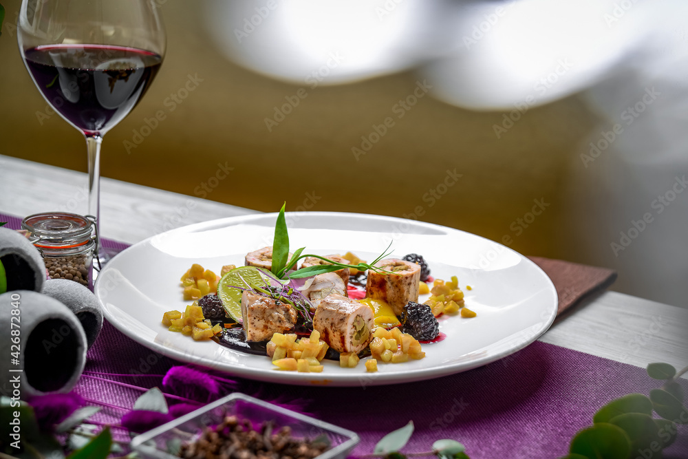 Roll stuffed with mushrooms and vegetables with berry sauce Roll stuffed with mushrooms and vegetables with berry sauce