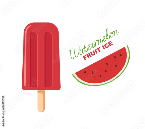Red fruit ice. Watermelon popsicle on a stick. Lettering and picture