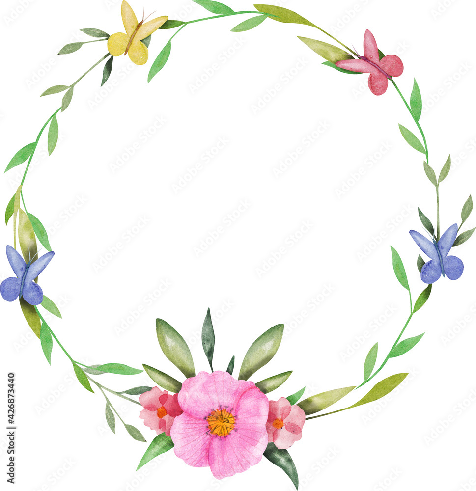watercolor wreath of twigs with leaves, flowers and butterflies. Decor for greeting cards. sticker for notebooks, diaries, jars