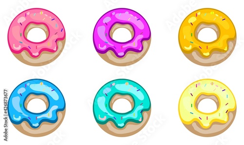 Vector food sweet donut. Bakery pink chocolate dessert. Ilustration of delicious sugar cake. Set of design icon of glazed colorful pastry with cream isolated on background for snack and breakfast.EPS