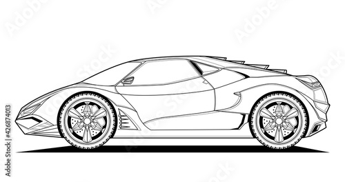 Sports car vector line illustration. Black contour sketch illustrate adult coloring page for book and drawing. High-speed drive vehicle. Graphic element. wheel. Isolated on white background.