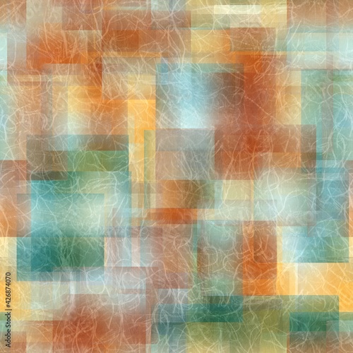 Seamless overlaid geometric shape pattern print. High quality illustration. Transparent rectangles filled with gradient colors scattered. Handmade paper texture overlay.