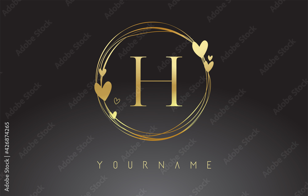 Letter H Logo with golden circle frames and golden hearts. Letter H Logo with golden circle frames and golden hearts.