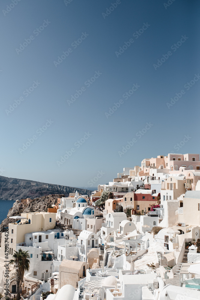View of the characteristic village of Oia on the Greek island of Santorini in the Cyclades archipelago View of the characteristic village of Oia on the Greek island of Santorini in the Cyclades archipelago