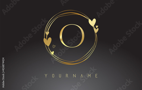 Letter O Logo with golden circle frames and golden hearts.