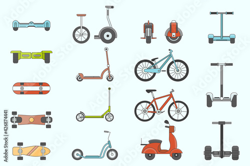Electric transport Icons set - Vector color symbols of scooter, segway, skate, hoverboard, skateboard and bike for the site or interface