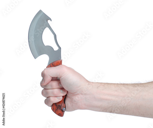 Hatchet knife in hand on white background isolation