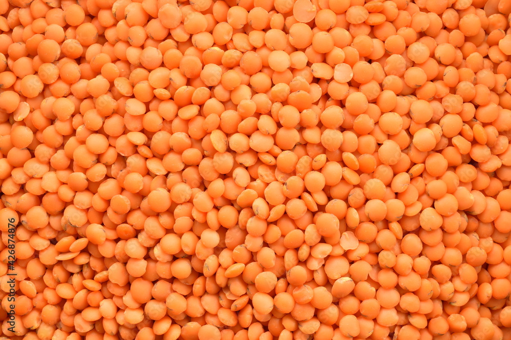 Red organic, uncooked lentils , close-up, top view.