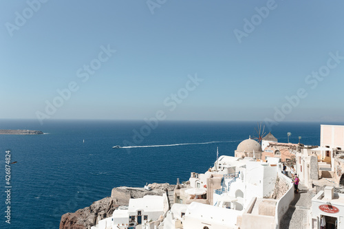 View of the characteristic village of Oia on the Greek island of Santorini in the Cyclades archipelago