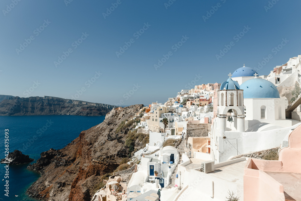 View of the characteristic village of Oia on the Greek island of Santorini in the Cyclades archipelago
