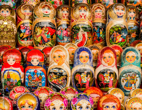 Row of colorful traditional matryoshka dolls, Moscow, Russia 