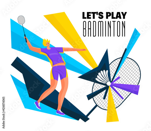 Vector illustration logo with male badminton player in motion on court. Separately, an enlarged racket with shuttlecock is depicted on abstract dynamic background. Concept sports, activities, hobbies.