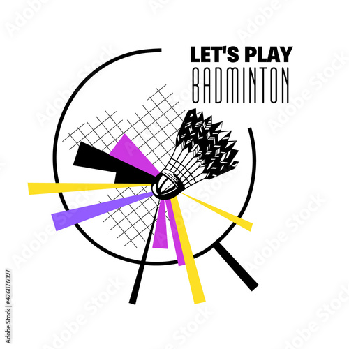 Vector illustration logo with close up of racket hitting shuttlecock in motion on an abstract dynamic background. There is an empty space for the text. Concept game of badminton, sports.