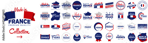 Collection of badge logotype of Made in France with ribbon and flag on white background, For art template design, page, mockup brochure style, banner, idea, cover, booklet, print, flyer, book, card photo