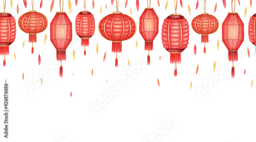 Hand drawn watercolor pattern. Watercolor seamless chinese texture. Many red chinese laterns and small petals on white background. Traditional asian decoration.