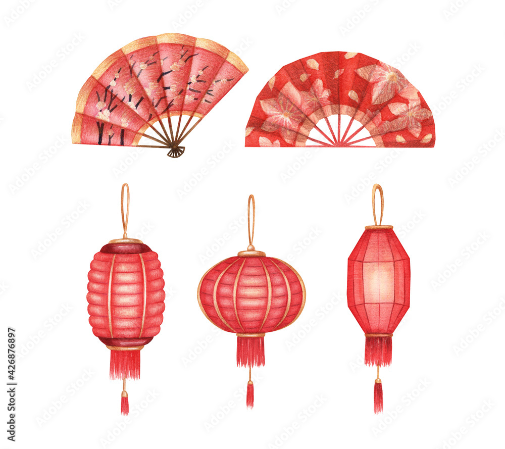 Obraz premium Hand drawn watercolor decorations set. Chinese decor red fans, laterns, traditional elements. Festive elements on white background isolated.