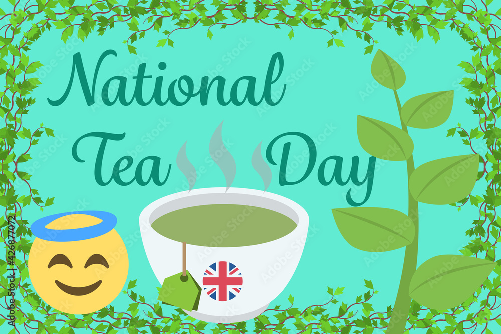national tea day text and teacup with British flag and smiling face