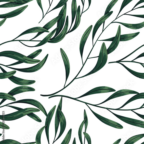 Fototapeta Naklejka Na Ścianę i Meble -  Green tropical tree branches seamless pattern. Hand drawn vector illustration. Colored ornament with exotic plant leaf. Botanical design for fabric, textile, wallpaper, background, print, decor, wrap.