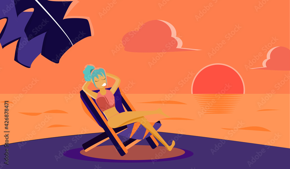 Happy summer, Young woman sleeping on a beach chair in the evening. Girl lying  With the setting sun. Vector illustration for summer, people, happiness, lifestyle, vacation, relaxation, beach, sea.