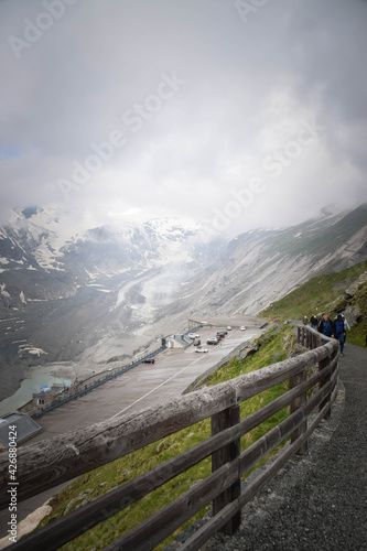 View of the Glossglockner high alpine road and lakes in valley