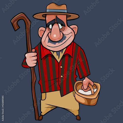 cartoon man in hat with empty basket and staff in hand