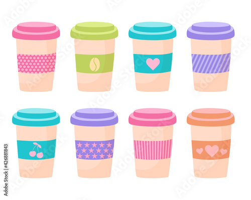Vector set of cups for coffee with different prints. Illustration of cute colored coffee mugs in a flat style. Collection of cartoon icons. Drinks isolated on white background
