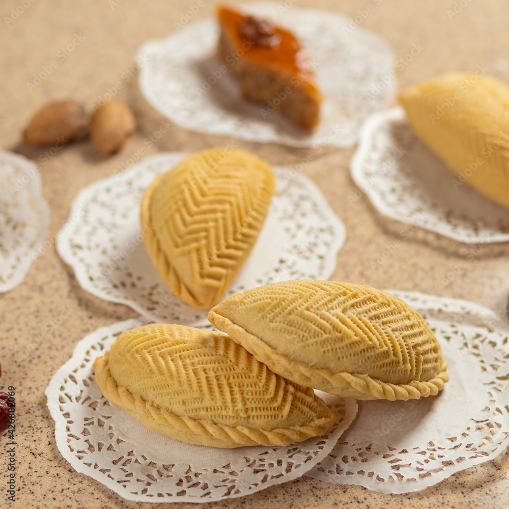 Shekerbura, Azerbaijani national food with baklava close up Shekerbura, Azerbaijani national food with baklava close up