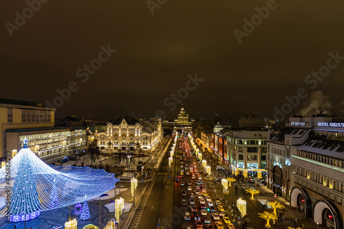 MOSCOW, RUSSIA - JANUARY 6, 2021: Aerial night view from rooftop viewpoint of the Central Children's Store on Lubyanka, legendary shopping mall located in the historical center in Lubyanskaya Square. photo