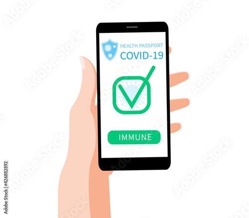 Female hand holding smartphone with immune health passport for covid-19. Status vaccinated. For travel. Vector illustration in cartoon style.