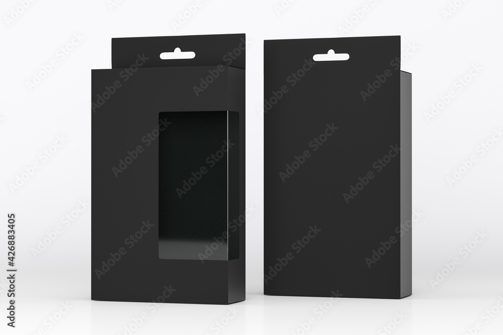 package blank black box euro slot hanger for Pegboard- mockup back and front view 3d render package blank black box euro slot hanger for Pegboard- mockup back and front view 3d render