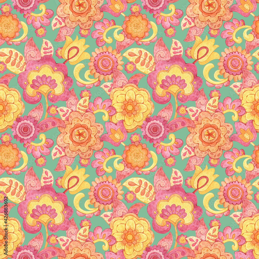 Contrasting background with abstract floral patterns in the style of the 70s. Hand-drawn bright seamless watercolor pattern. Retro print for fabrics, textiles, wallpaper, decor, wrapping paper.