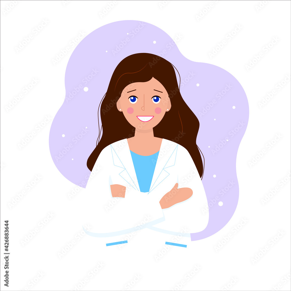 Obraz premium Young European women smiling in a doctor's gown. Flat vector illustration