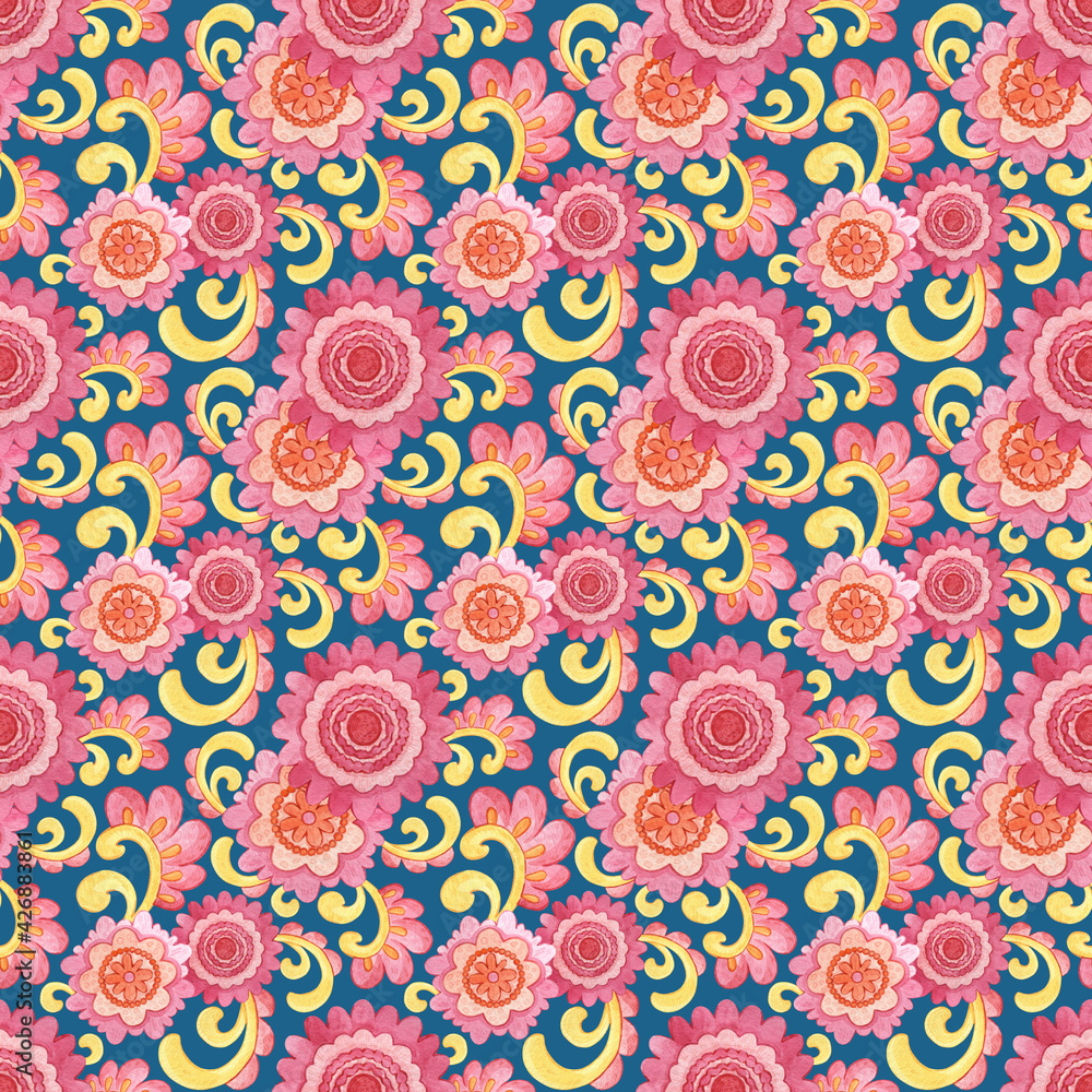 Blue background with abstract ornaments, flowers and leaves in the style of the 70s. Hand-drawn bright seamless watercolor pattern. Print for fabrics, textiles, wallpaper, decor, wrapping paper Blue background with abstract ornaments, flowers and leaves in the style of the 70s. Hand-drawn bright seamless watercolor pattern. Print for fabrics, textiles, wallpaper, decor, wrapping paper