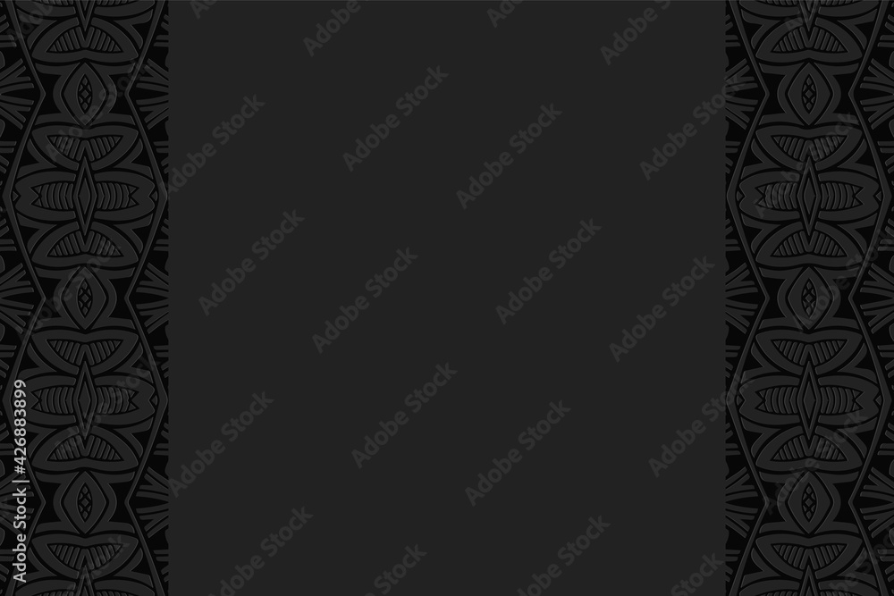 Geometric volumetric convex black background. Ethnic African, Mexican, Indian motives. Doodling style. 3D embossed national traditional pattern. Vertical inserts. Geometric volumetric convex black background. Ethnic African, Mexican, Indian motives. Doodling style. 3D embossed national traditional pattern. Vertical inserts.