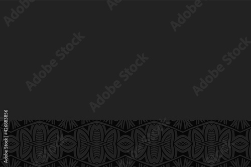 Geometric volumetric convex black background. Ethnic African, Mexican, Indian motives. Doodling style. 3D embossed national traditional pattern. Horizontal insert.
